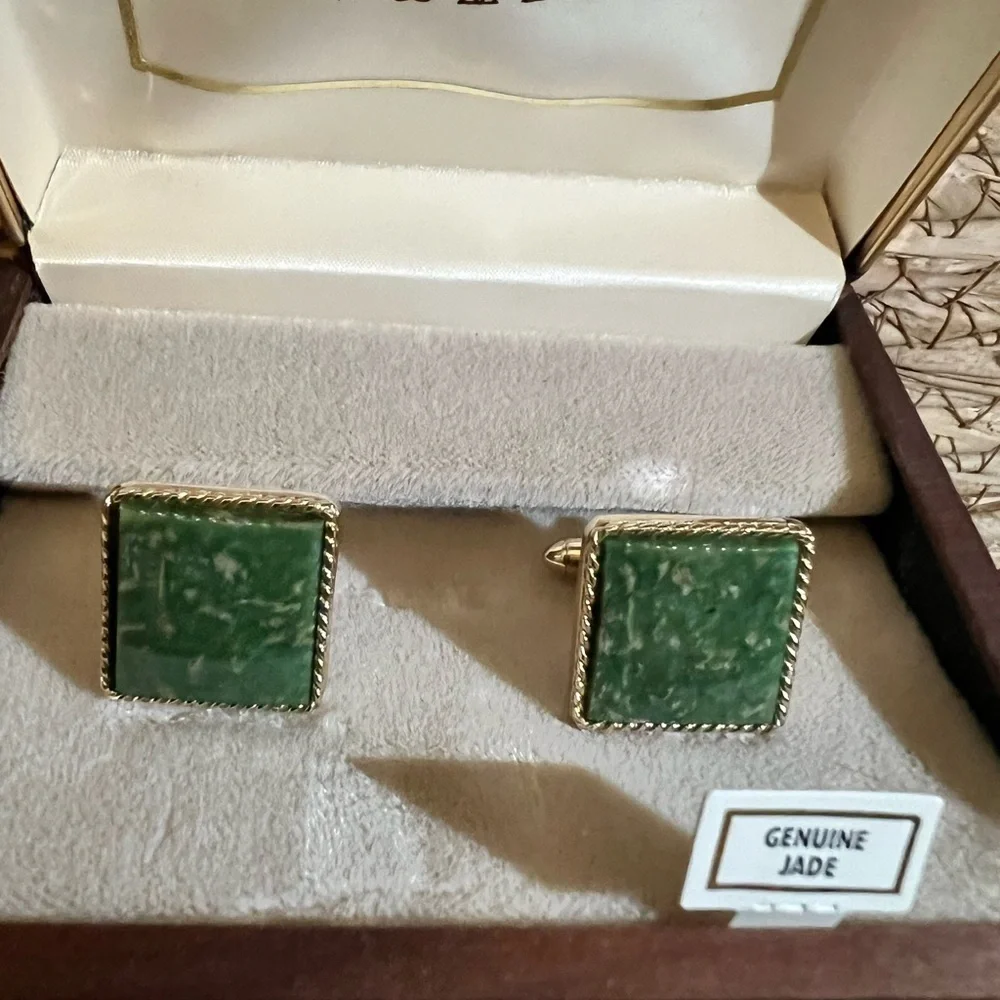 Vintage square Jade Cufflinks, 1950's Swank with box